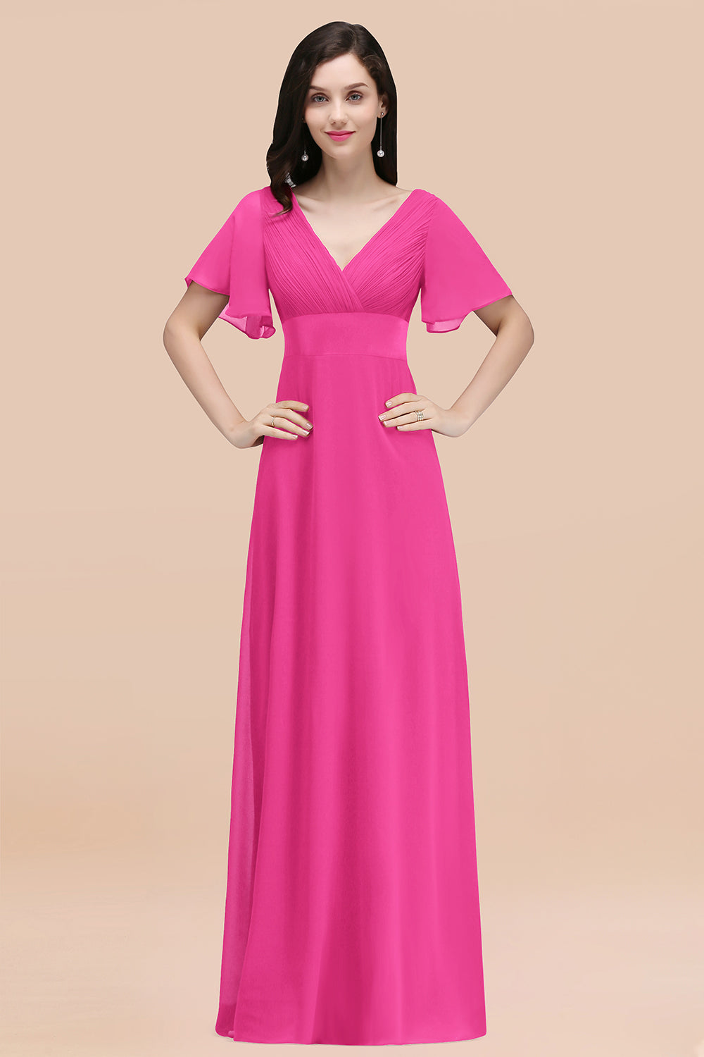 Affordable V-Neck Ruffle Long Burgundy Bridesmaid Dress With Short-Sleeves