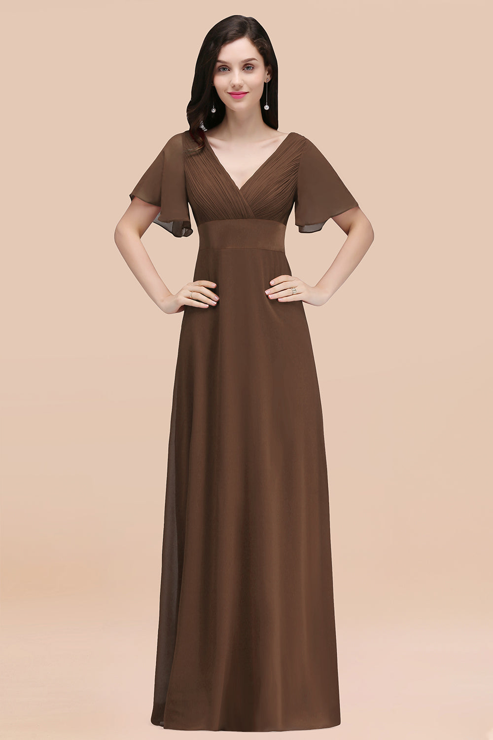 Affordable V-Neck Ruffle Long Burgundy Bridesmaid Dress With Short-Sleeves