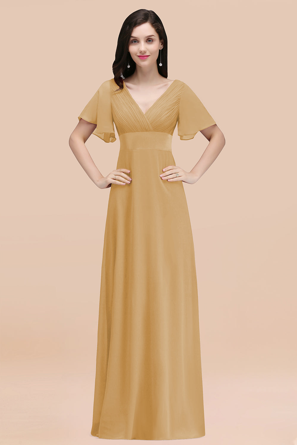 Affordable V-Neck Ruffle Long Burgundy Bridesmaid Dress With Short-Sleeves