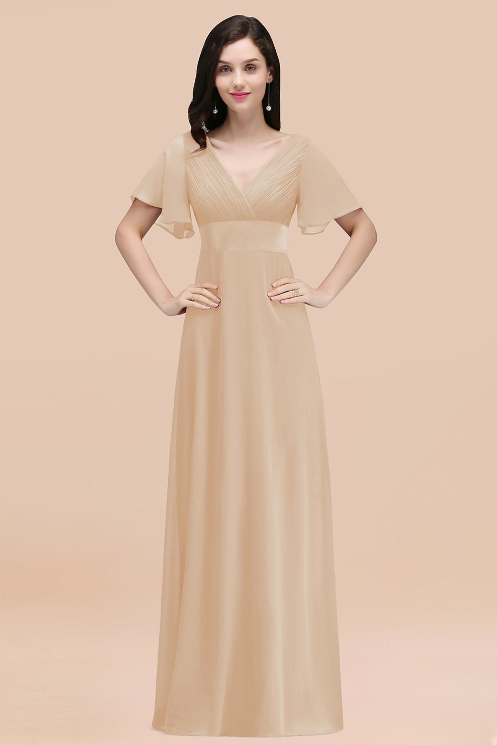Affordable V-Neck Ruffle Long Burgundy Bridesmaid Dress With Short-Sleeves