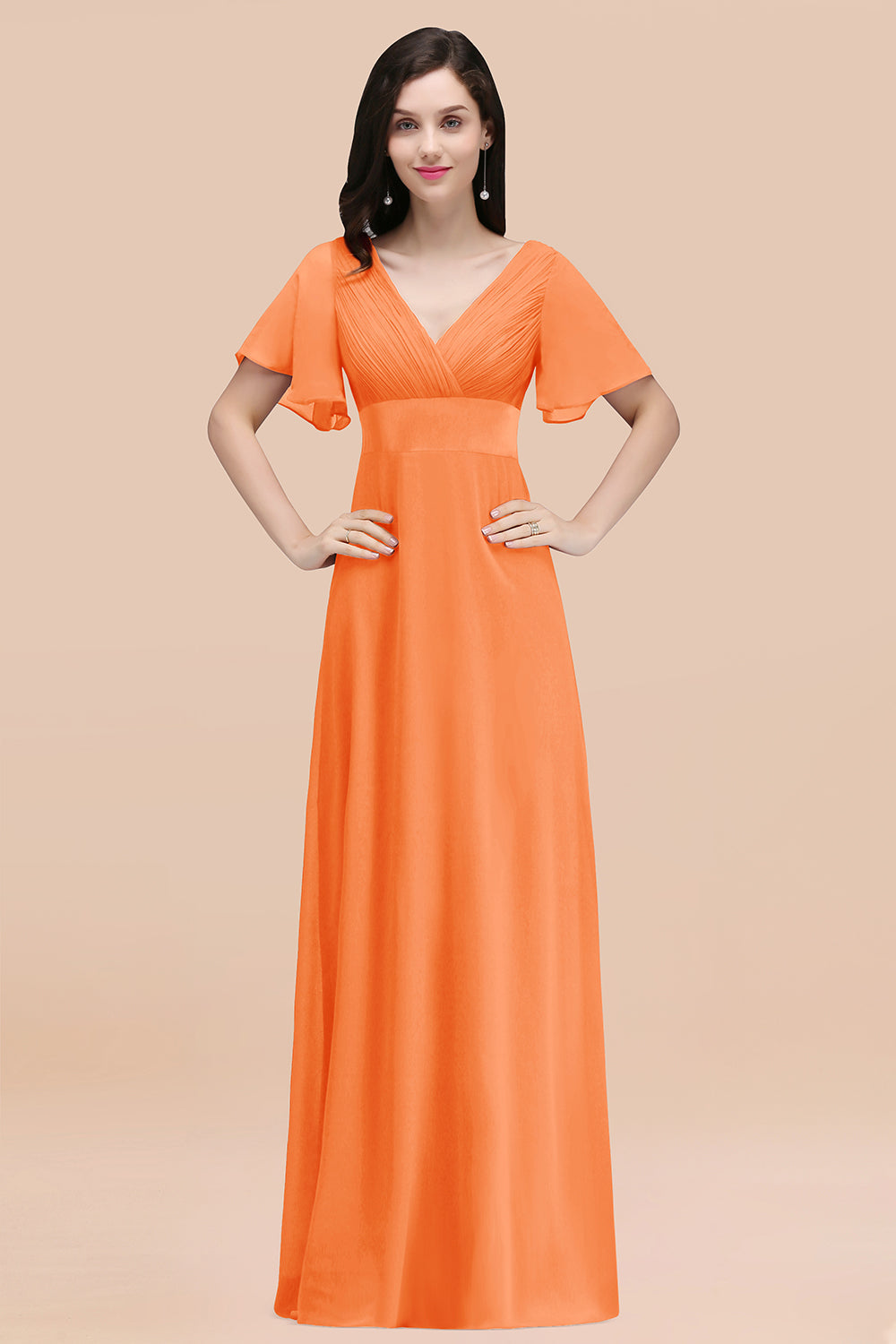 Affordable V-Neck Ruffle Long Burgundy Bridesmaid Dress With Short-Sleeves