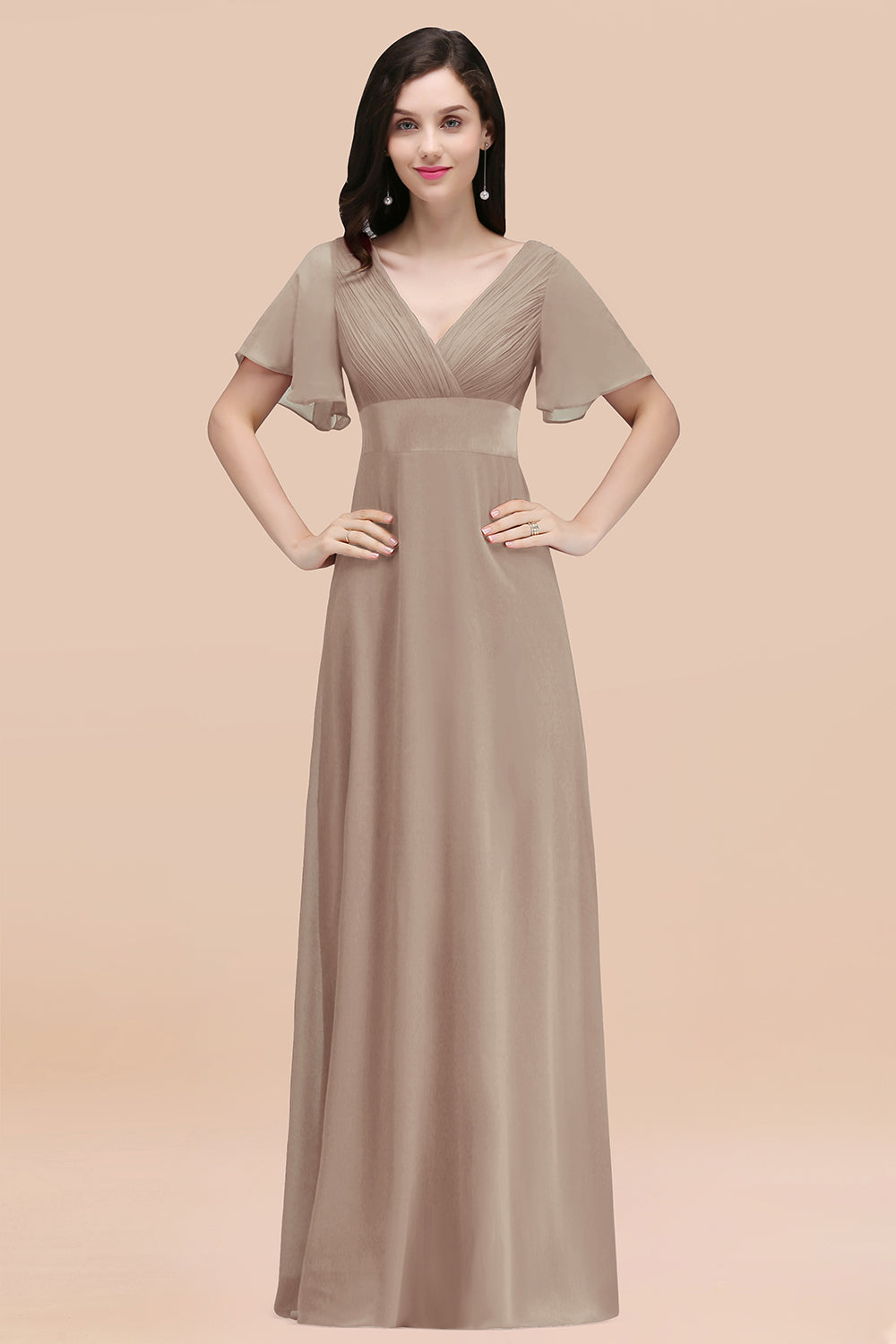 Affordable V-Neck Ruffle Long Burgundy Bridesmaid Dress With Short-Sleeves
