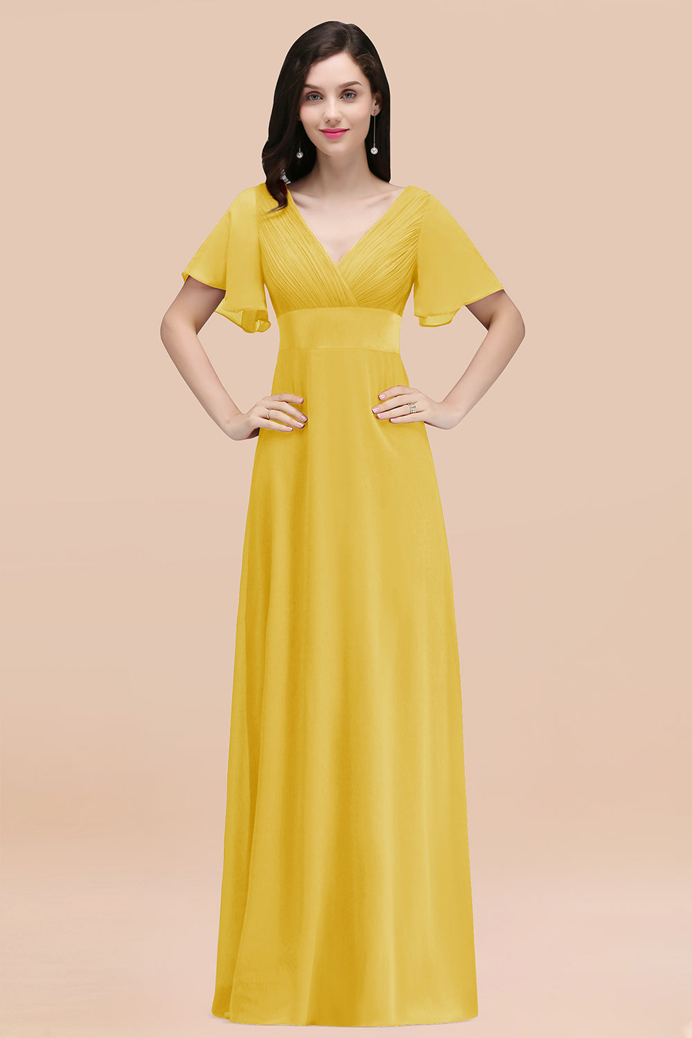 Affordable V-Neck Ruffle Long Burgundy Bridesmaid Dress With Short-Sleeves