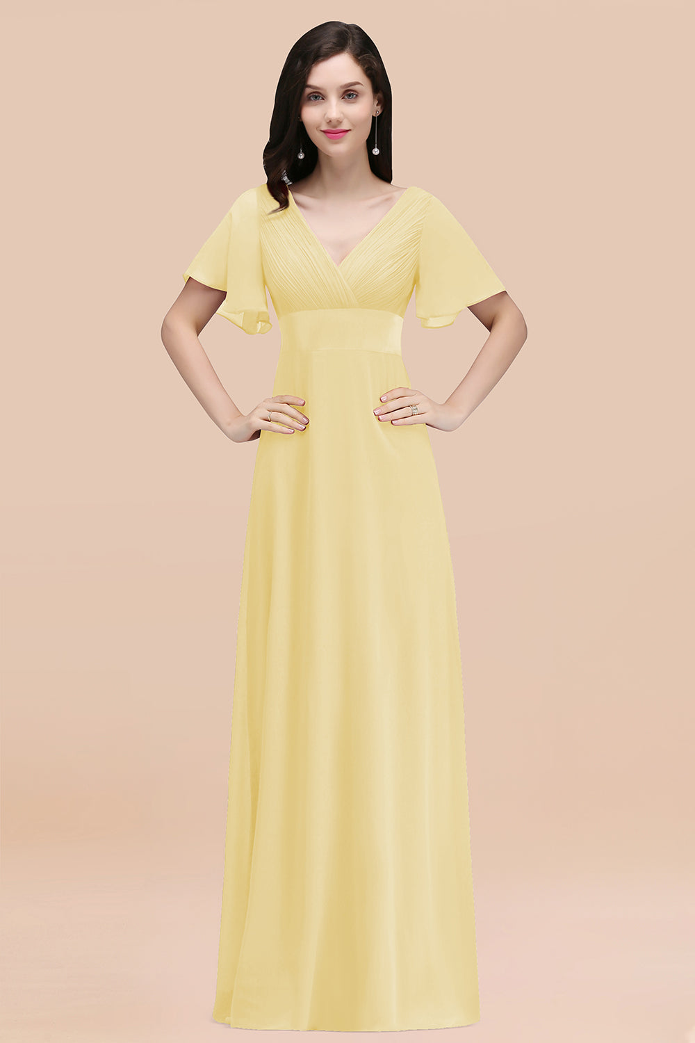 Affordable V-Neck Ruffle Long Burgundy Bridesmaid Dress With Short-Sleeves