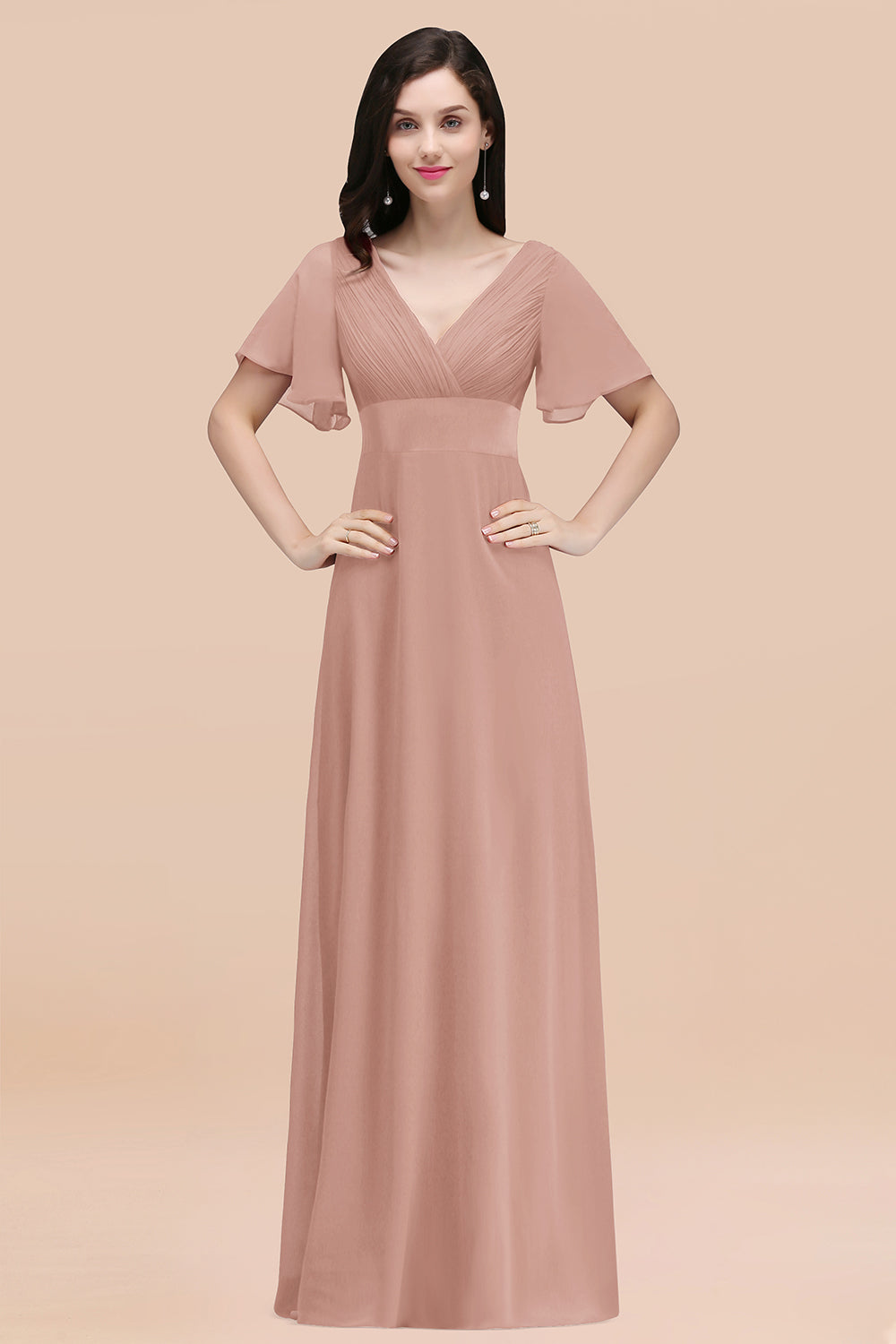 Affordable V-Neck Ruffle Long Burgundy Bridesmaid Dress With Short-Sleeves