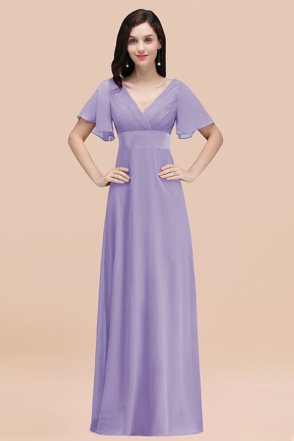 Affordable V-Neck Ruffle Long Burgundy Bridesmaid Dress With Short-Sleeves