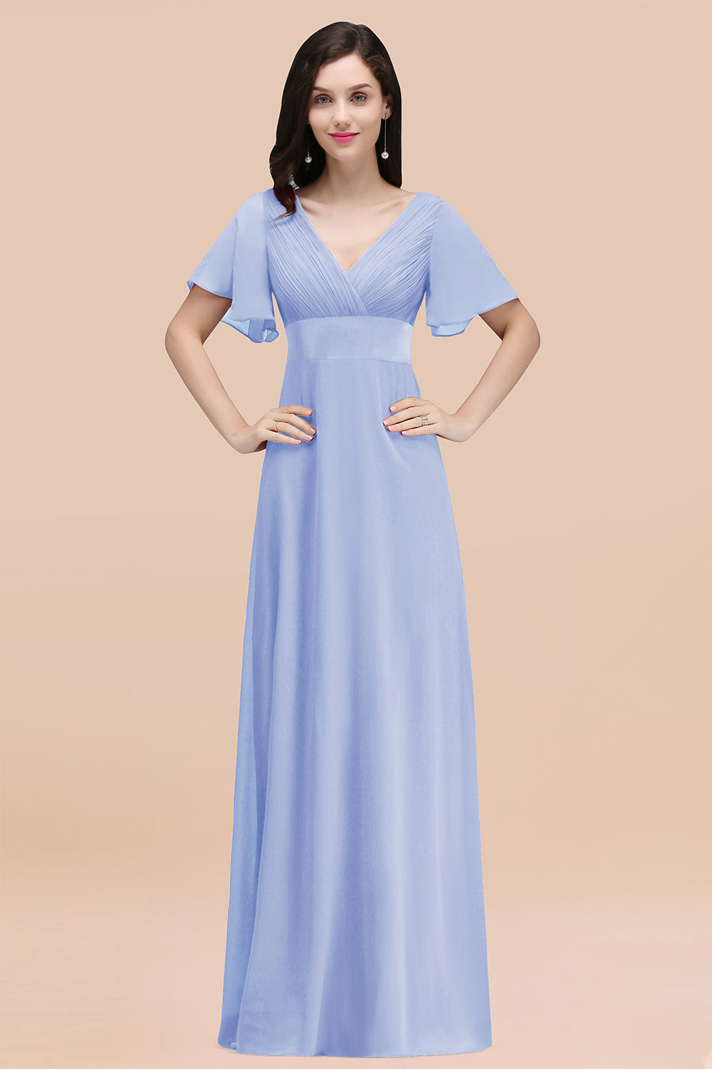 Affordable V-Neck Ruffle Long Burgundy Bridesmaid Dress With Short-Sleeves