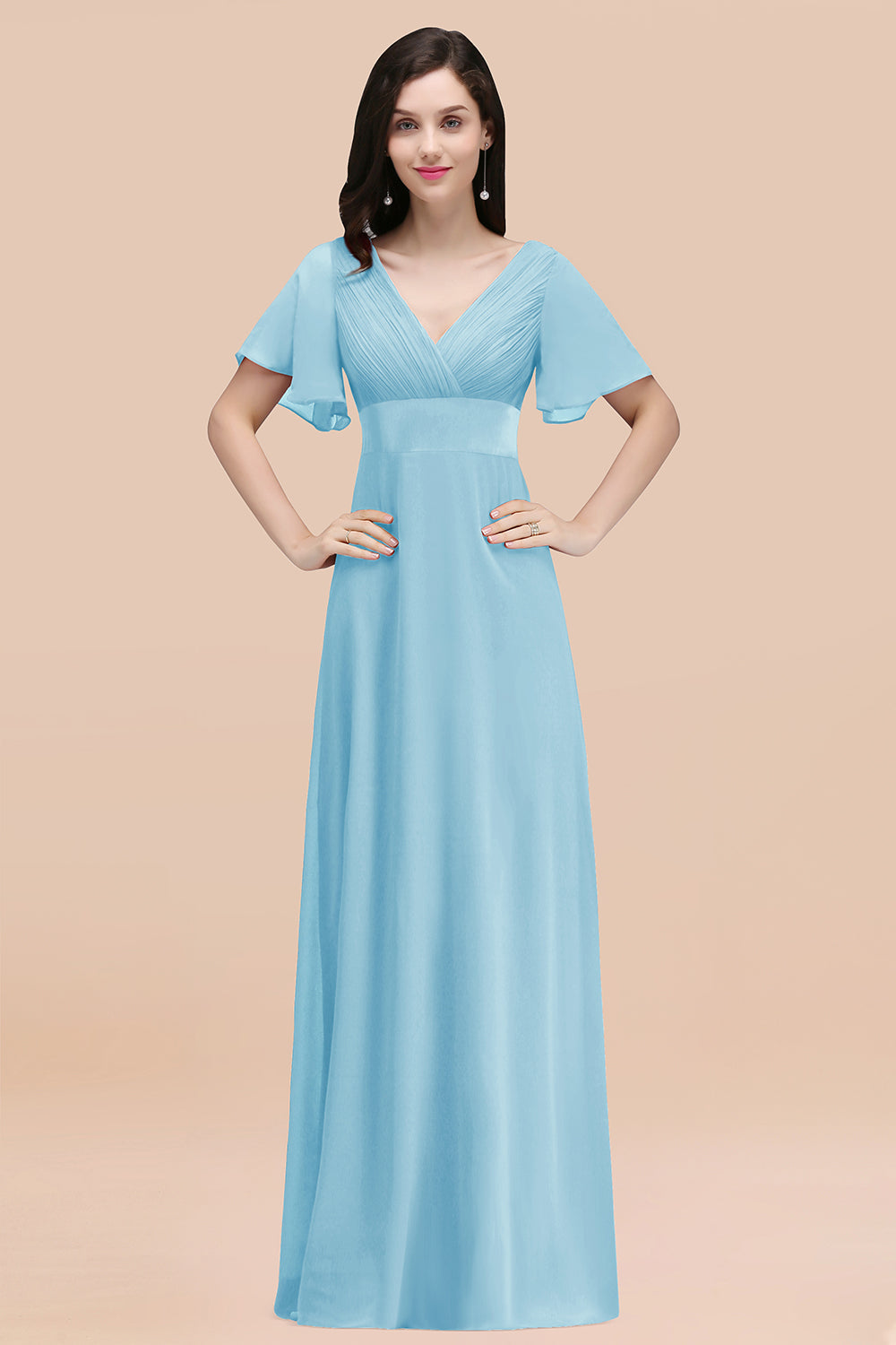 Affordable V-Neck Ruffle Long Burgundy Bridesmaid Dress With Short-Sleeves