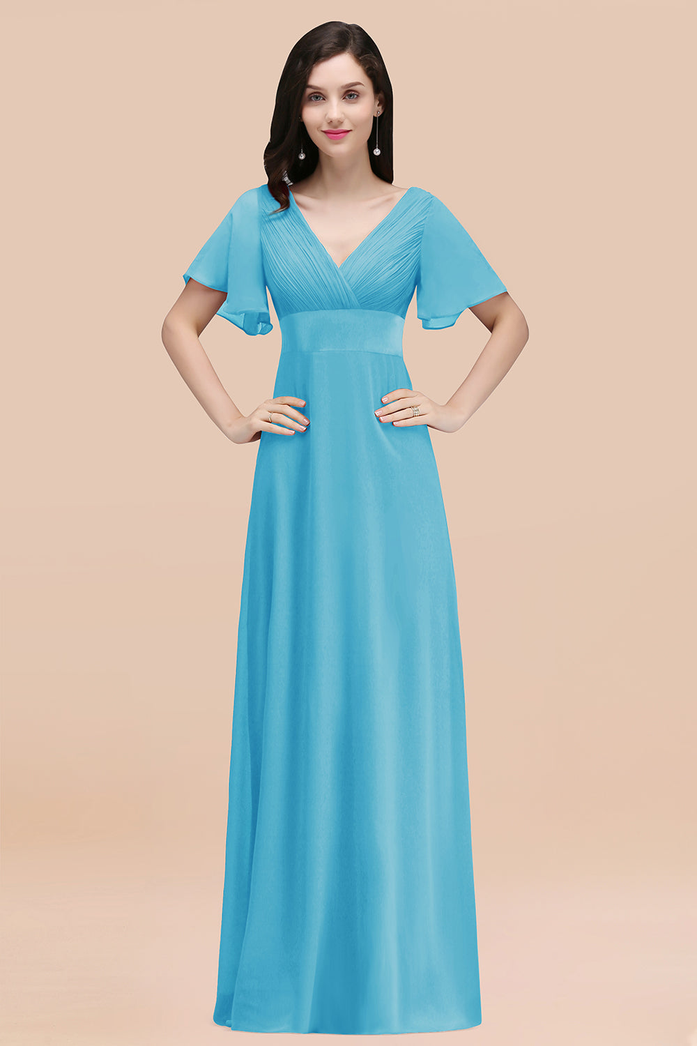 Affordable V-Neck Ruffle Long Burgundy Bridesmaid Dress With Short-Sleeves