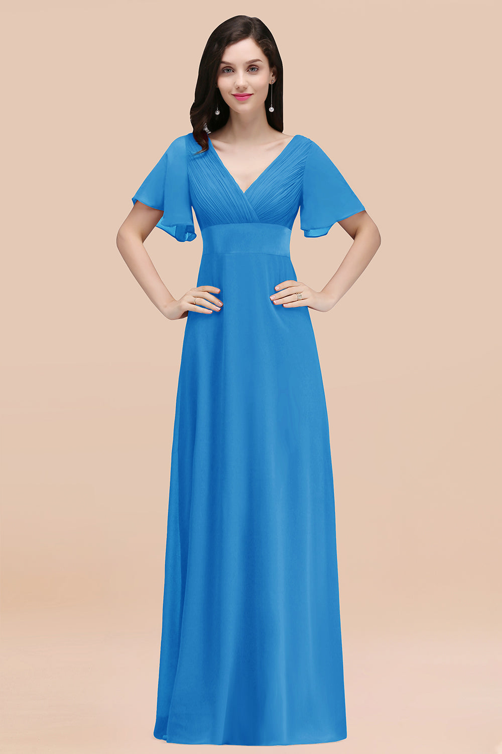Affordable V-Neck Ruffle Long Burgundy Bridesmaid Dress With Short-Sleeves