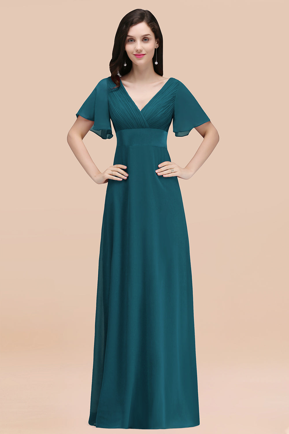 Affordable V-Neck Ruffle Long Burgundy Bridesmaid Dress With Short-Sleeves