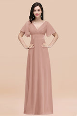 Affordable V-Neck Ruffle Long Burgundy Bridesmaid Dress With Short-Sleeves