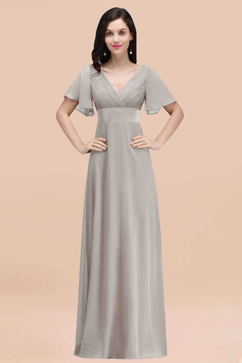 Affordable V-Neck Ruffle Long Burgundy Bridesmaid Dress With Short-Sleeves