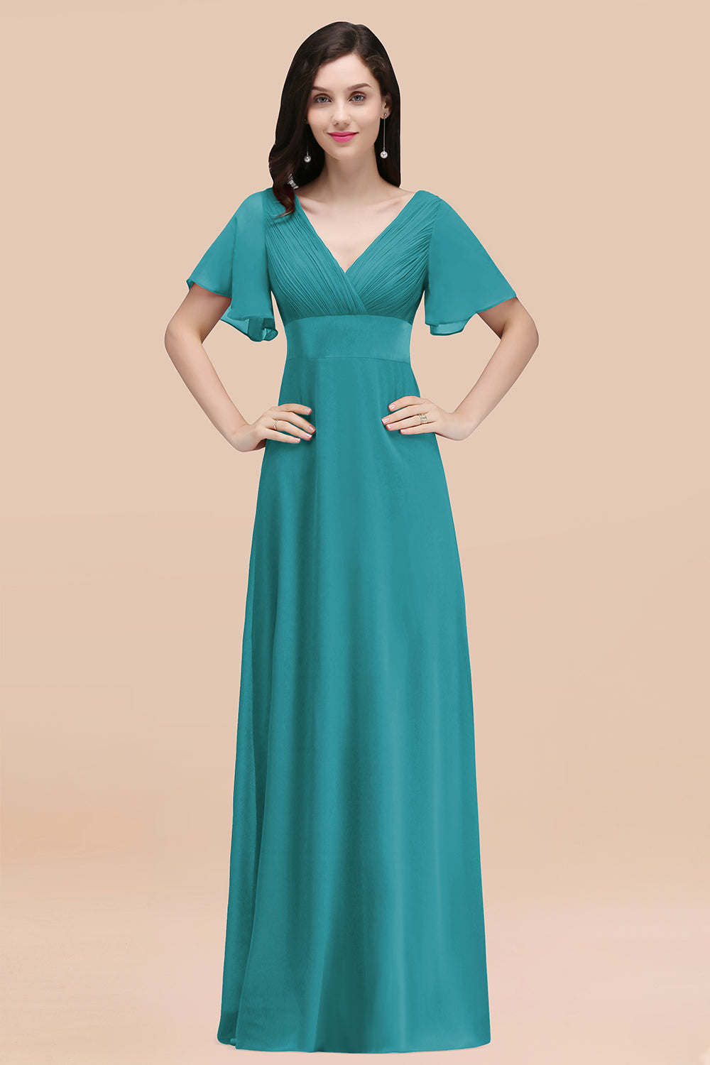 Affordable V-Neck Ruffle Long Burgundy Bridesmaid Dress With Short-Sleeves