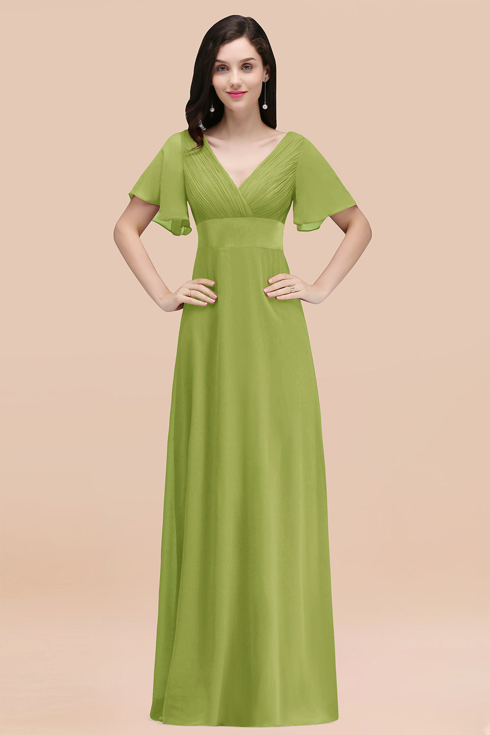 Affordable V-Neck Ruffle Long Burgundy Bridesmaid Dress With Short-Sleeves