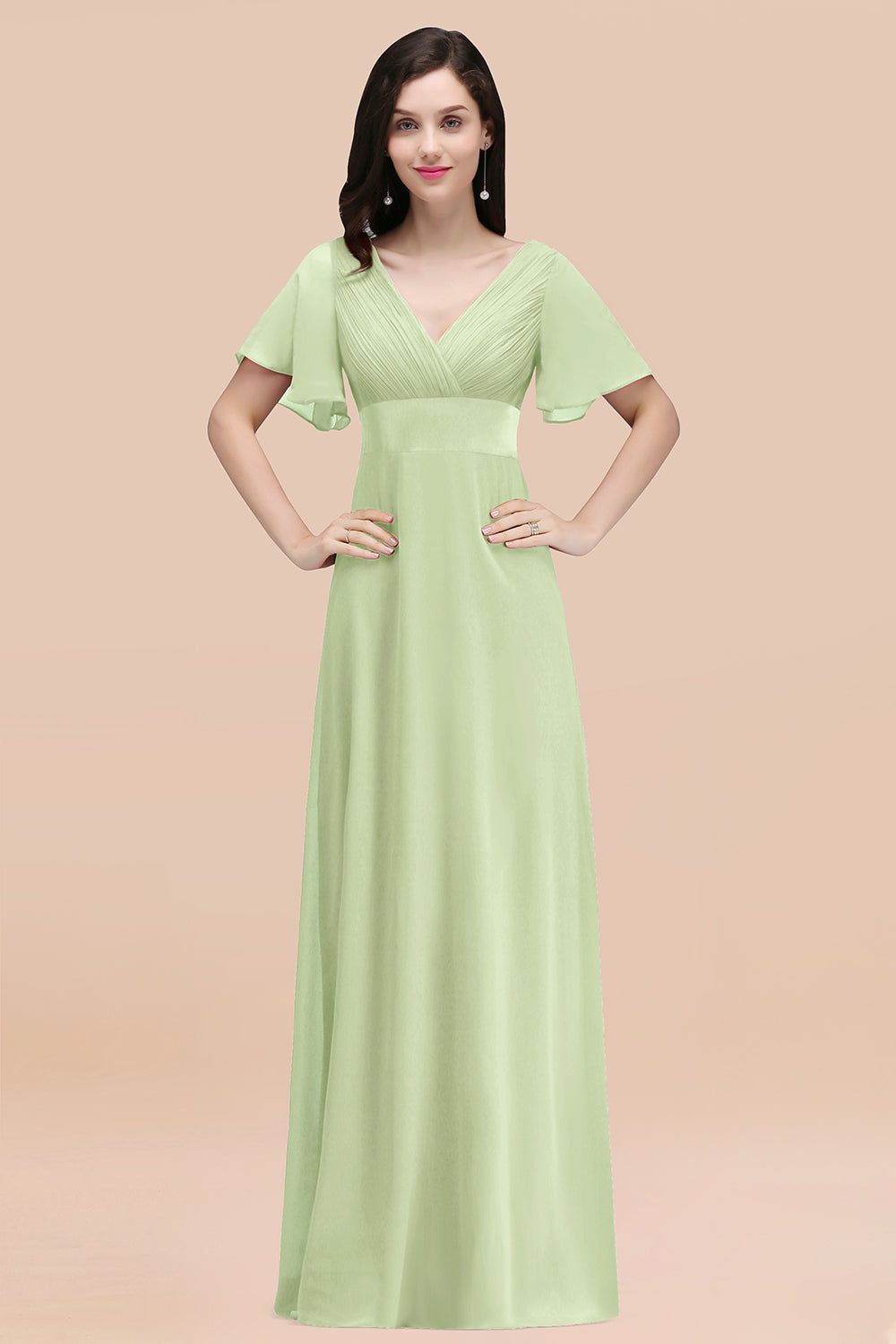 Affordable V-Neck Ruffle Long Burgundy Bridesmaid Dress With Short-Sleeves