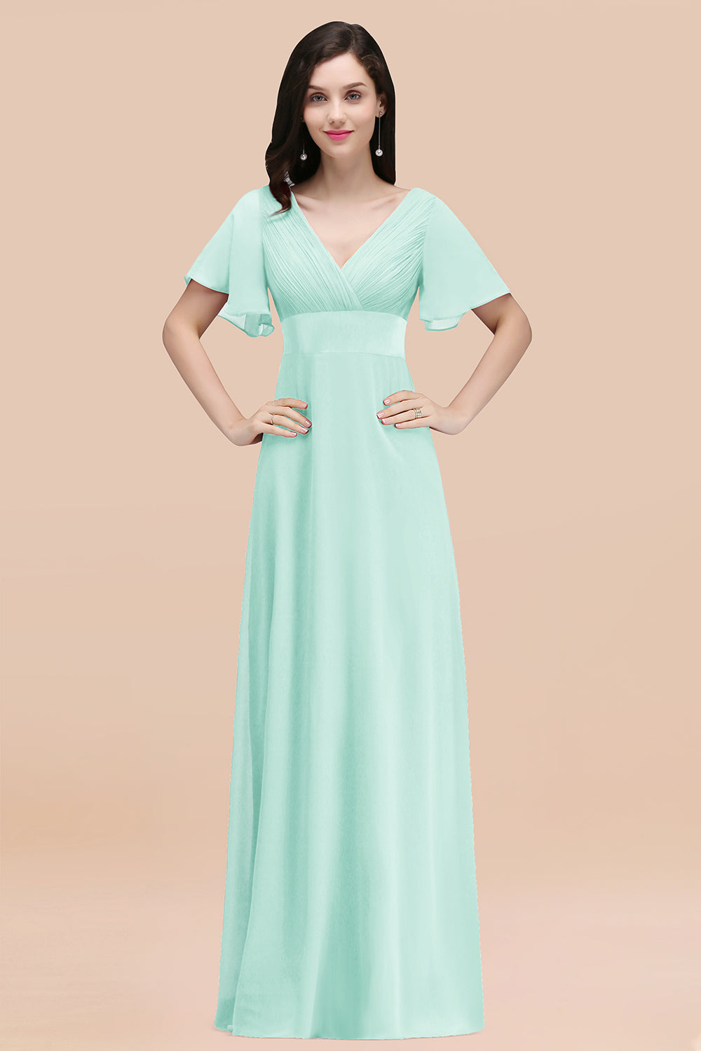 Affordable V-Neck Ruffle Long Burgundy Bridesmaid Dress With Short-Sleeves