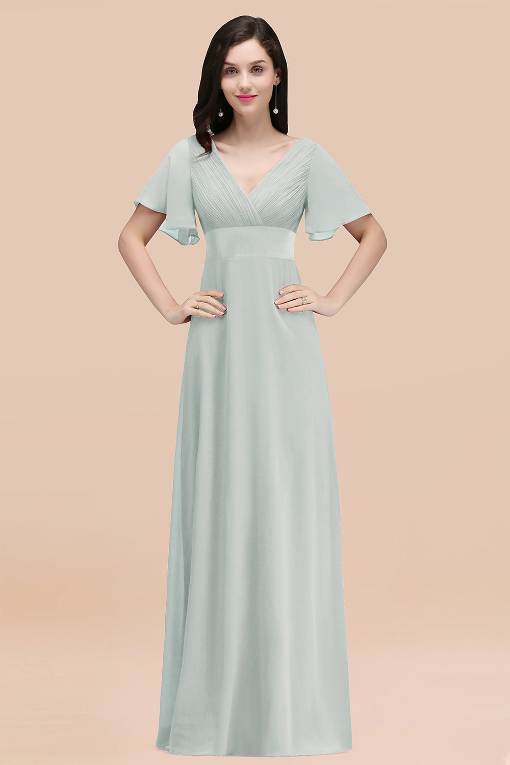 Affordable V-Neck Ruffle Long Burgundy Bridesmaid Dress With Short-Sleeves