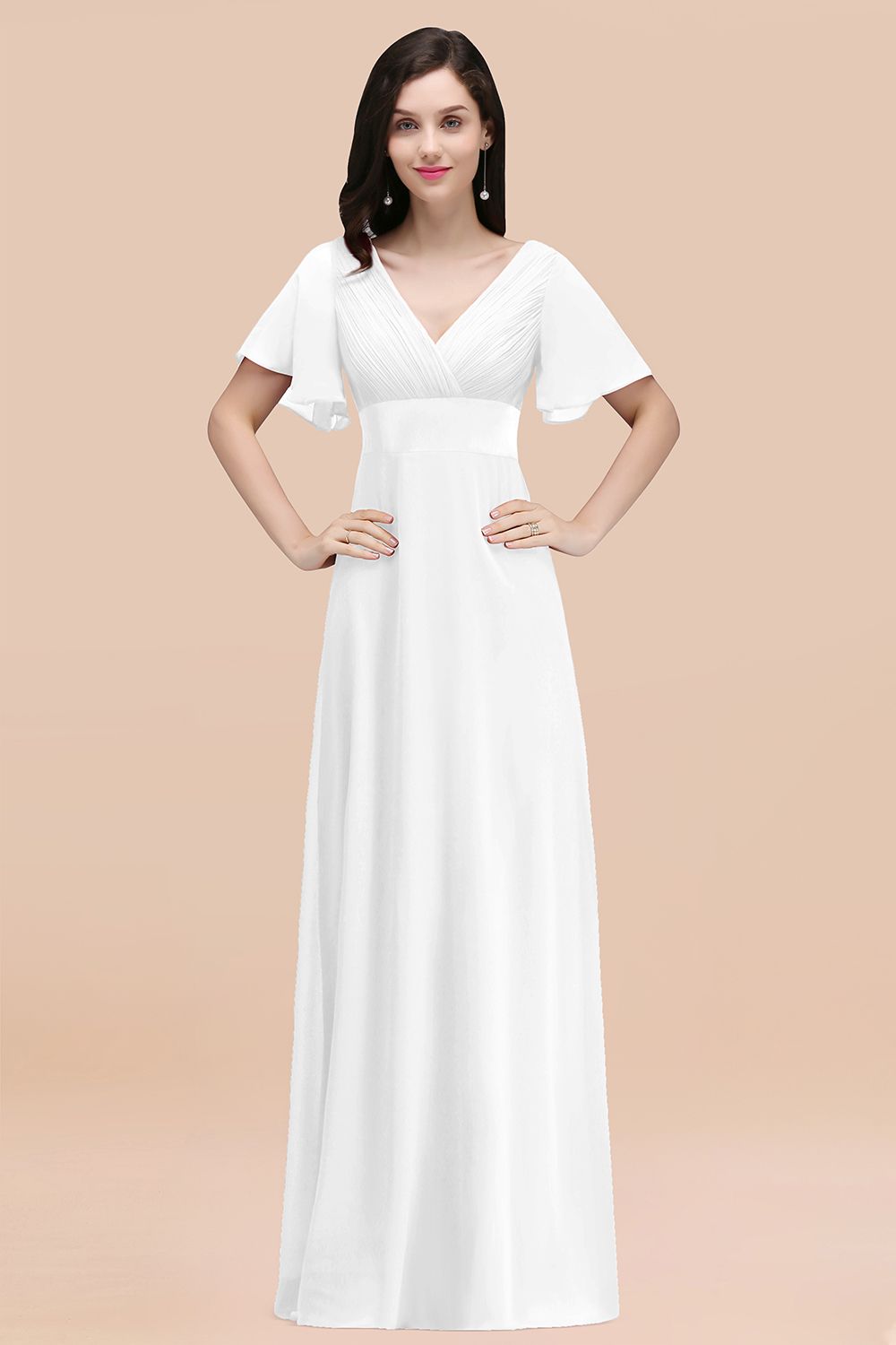 Affordable V-Neck Ruffle Long Burgundy Bridesmaid Dress With Short-Sleeves