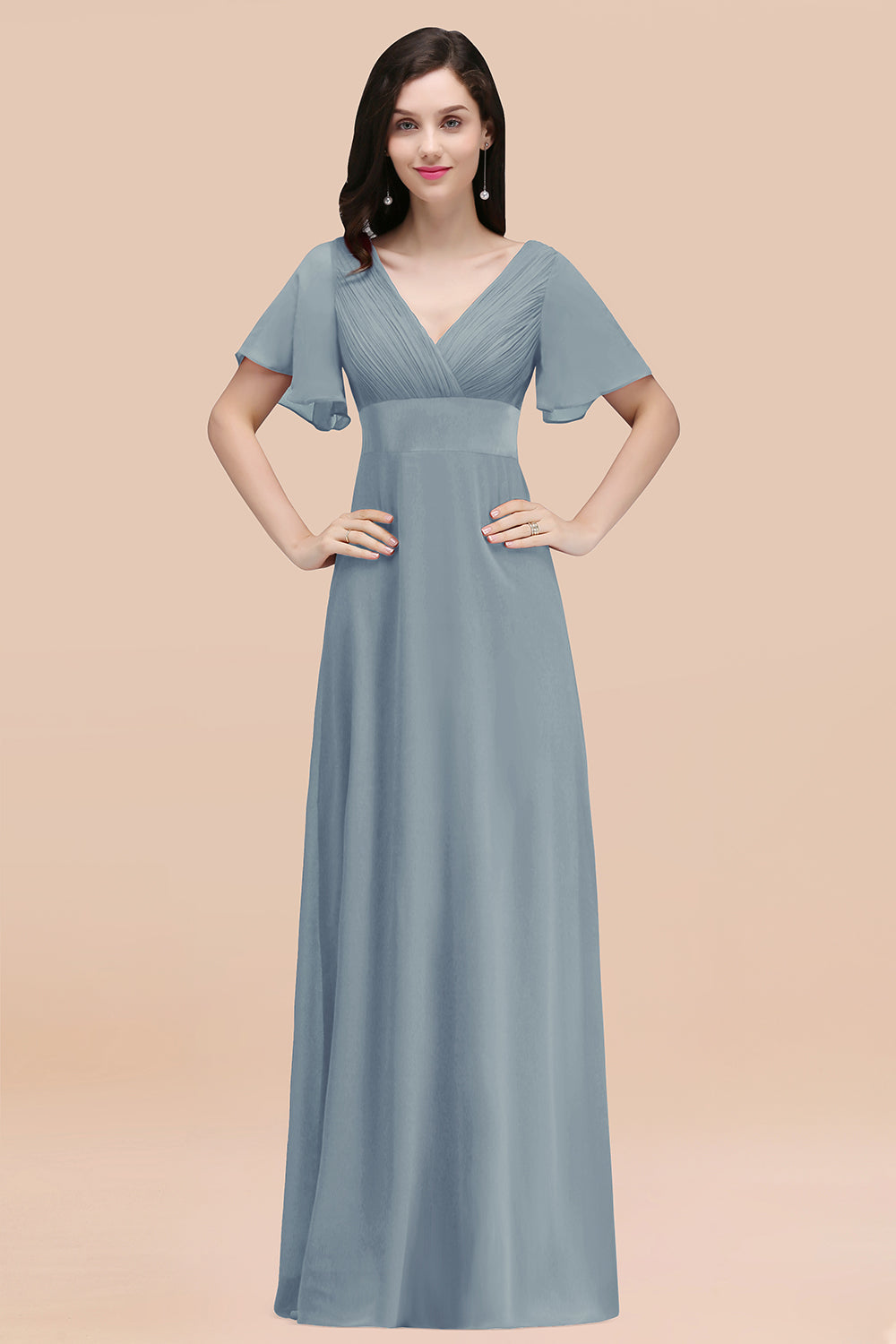 Affordable V-Neck Ruffle Long Burgundy Bridesmaid Dress With Short-Sleeves