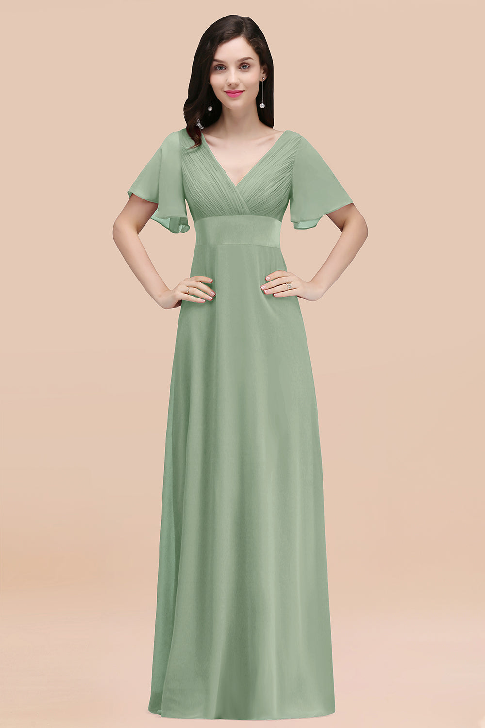 Affordable V-Neck Ruffle Long Burgundy Bridesmaid Dress With Short-Sleeves