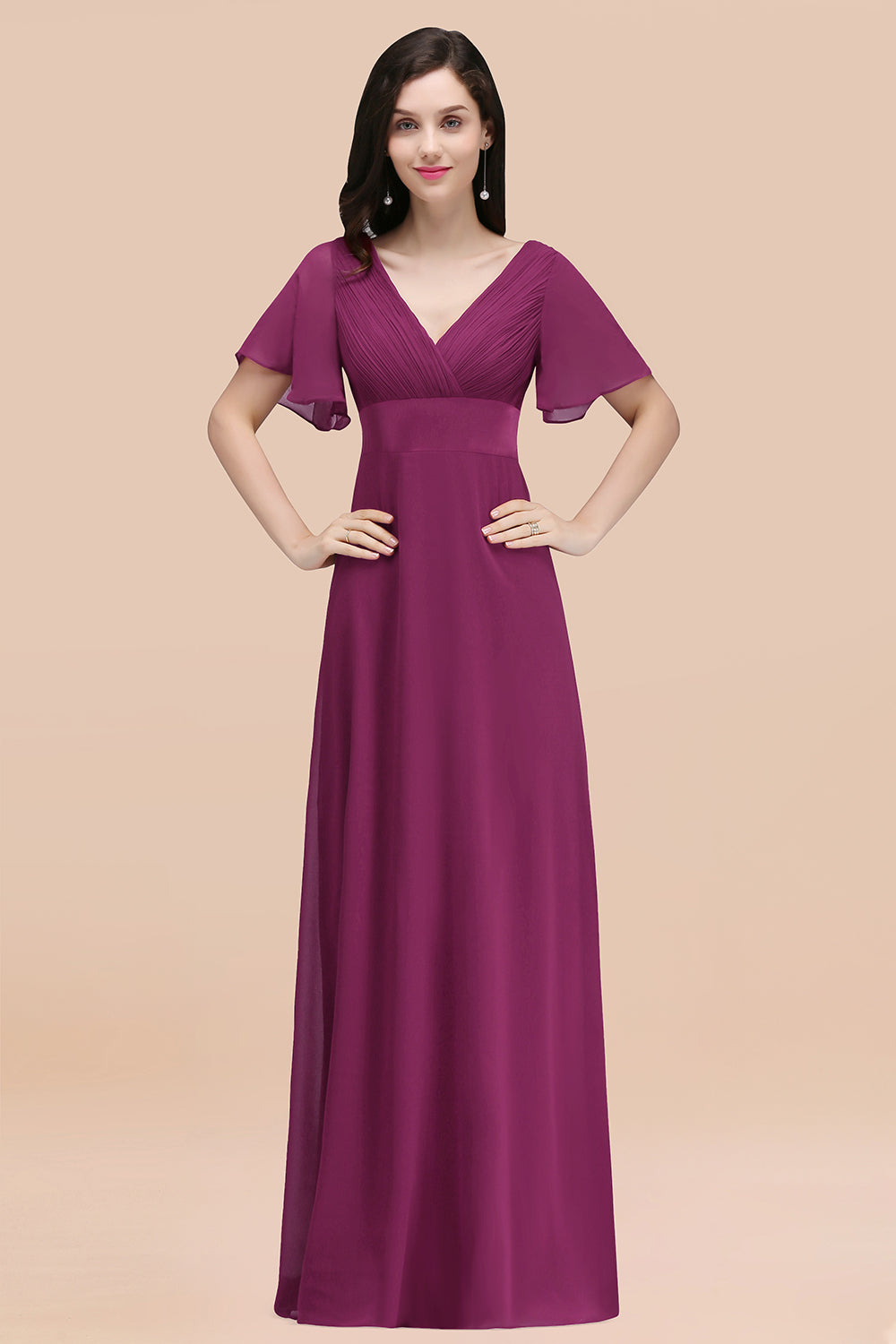 Affordable V-Neck Ruffle Long Burgundy Bridesmaid Dress With Short-Sleeves