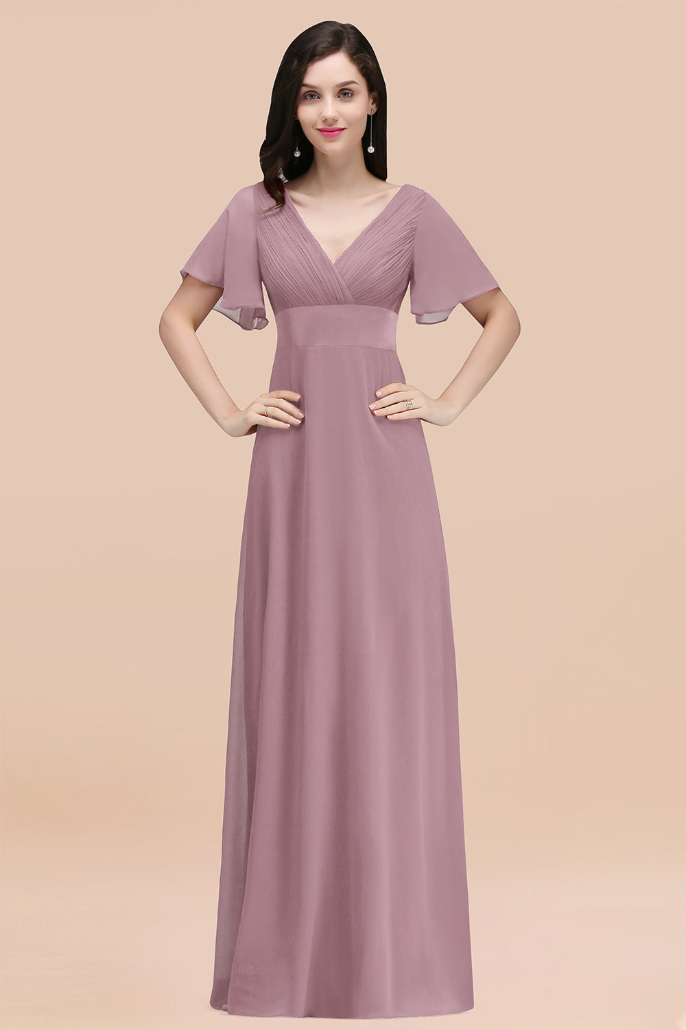 Affordable V-Neck Ruffle Long Burgundy Bridesmaid Dress With Short-Sleeves
