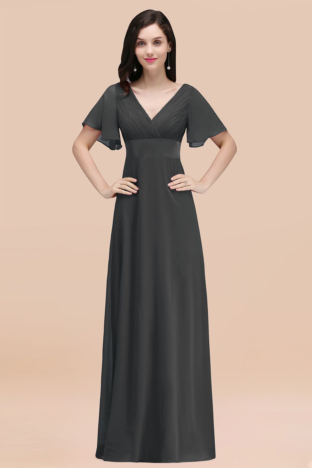 Affordable V-Neck Ruffle Long Burgundy Bridesmaid Dress With Short-Sleeves