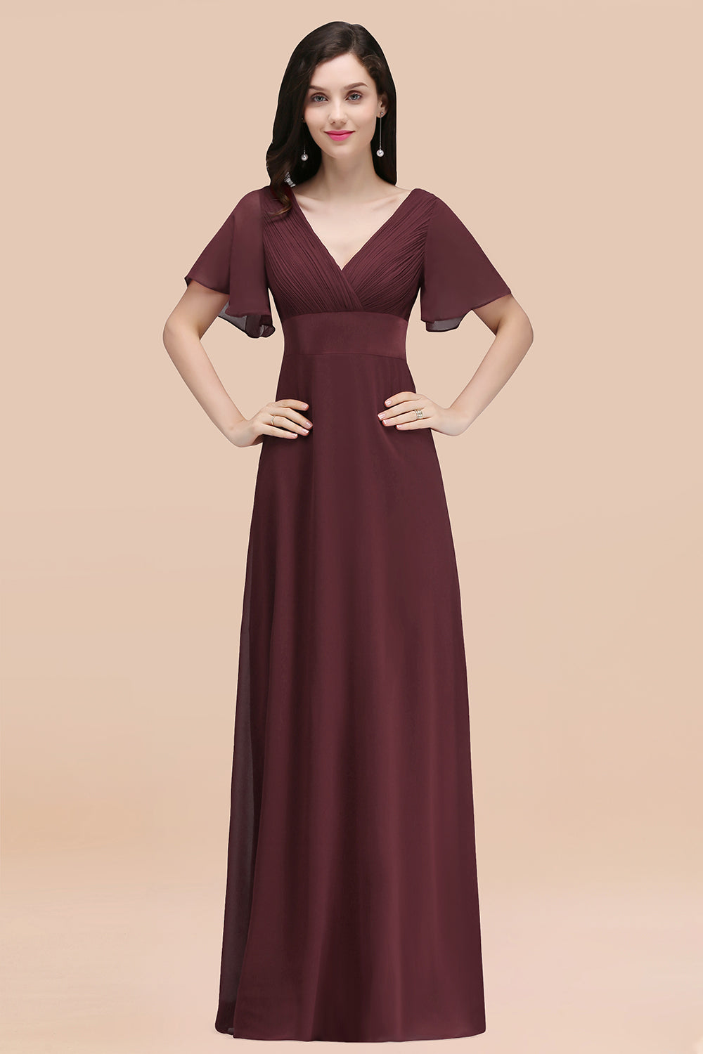 Affordable V-Neck Ruffle Long Burgundy Bridesmaid Dresses With Short-S Newinlook Affordable V-Neck Ruffle Long Burgundy Bridesmaid Dresses With Short-S Newinlook