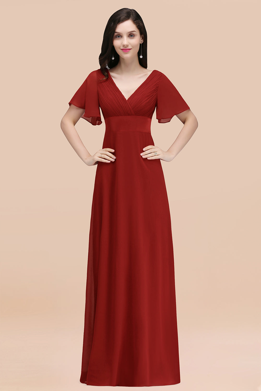 Affordable V-Neck Ruffle Long Burgundy Bridesmaid Dresses With Short-S Newinlook Affordable V-Neck Ruffle Long Burgundy Bridesmaid Dresses With Short-S Newinlook