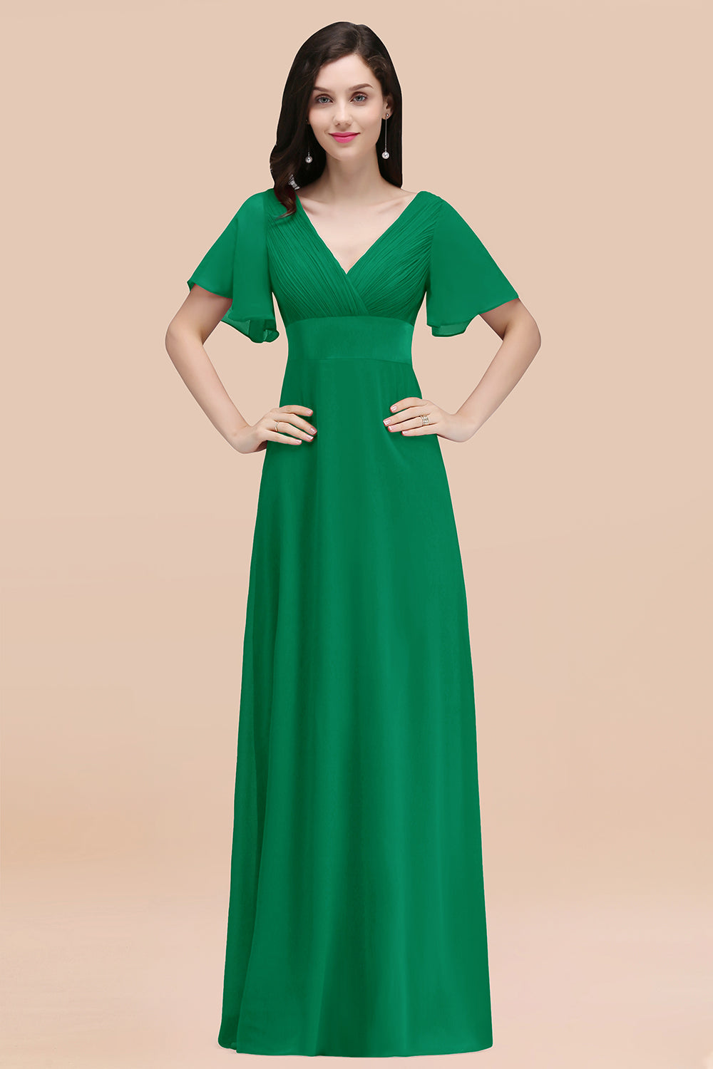Affordable V-Neck Ruffle Long Burgundy Bridesmaid Dress With Short-Sleeves