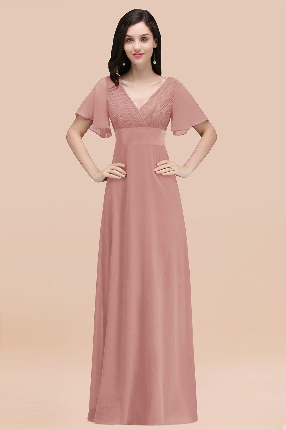 Affordable V-Neck Ruffle Long Burgundy Bridesmaid Dress With Short-Sleeves