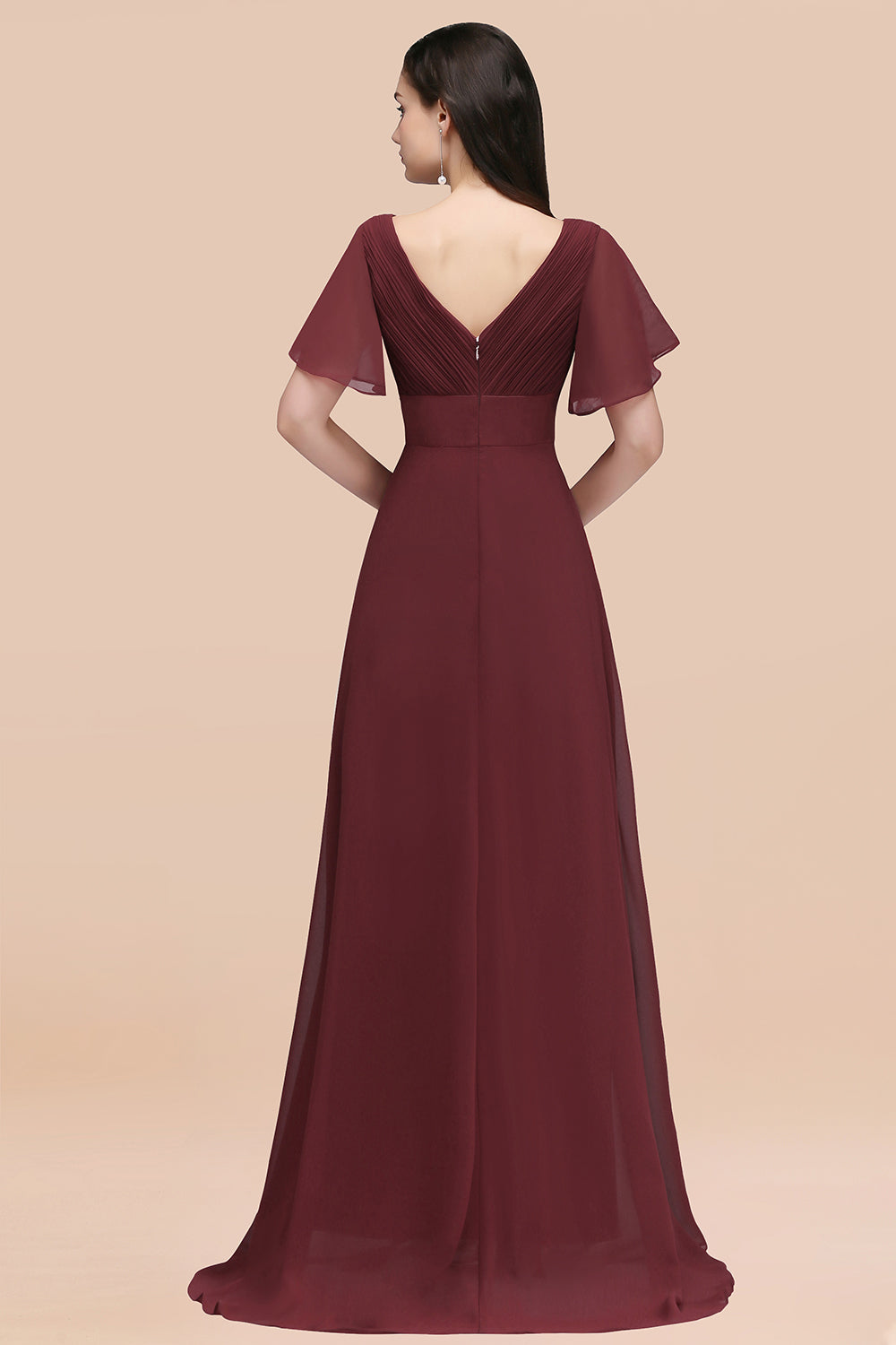 Affordable V-Neck Ruffle Long Burgundy Bridesmaid Dress With Short-Sleeves