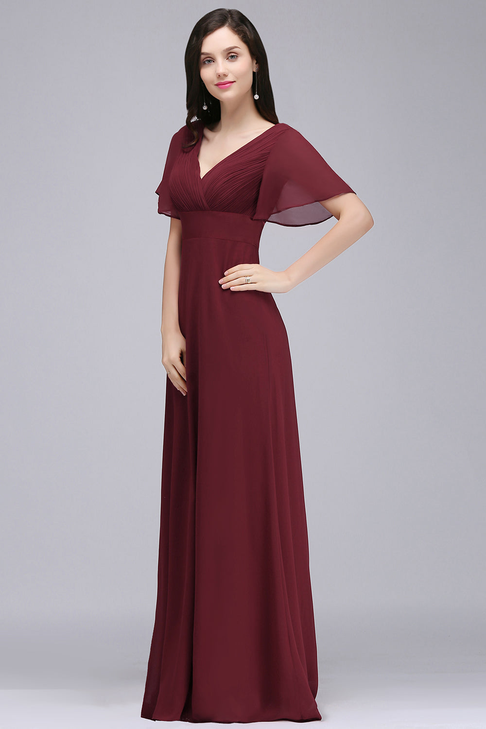 Affordable V-Neck Ruffle Long Burgundy Bridesmaid Dress With Short-Sleeves