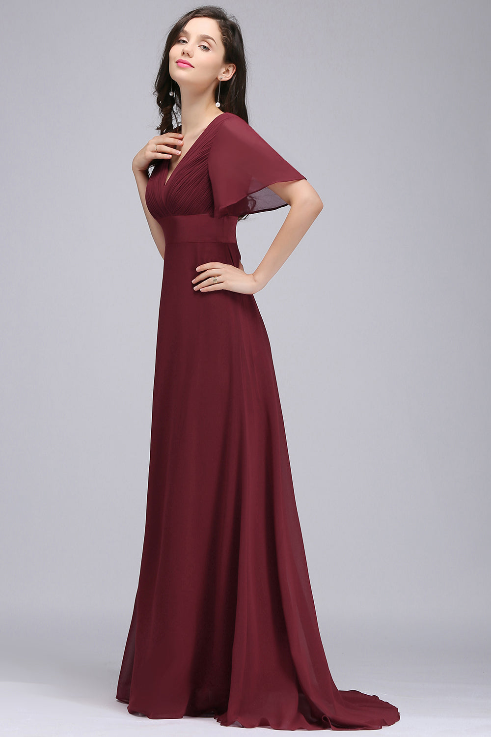 Affordable V-Neck Ruffle Long Burgundy Bridesmaid Dress With Short-Sleeves