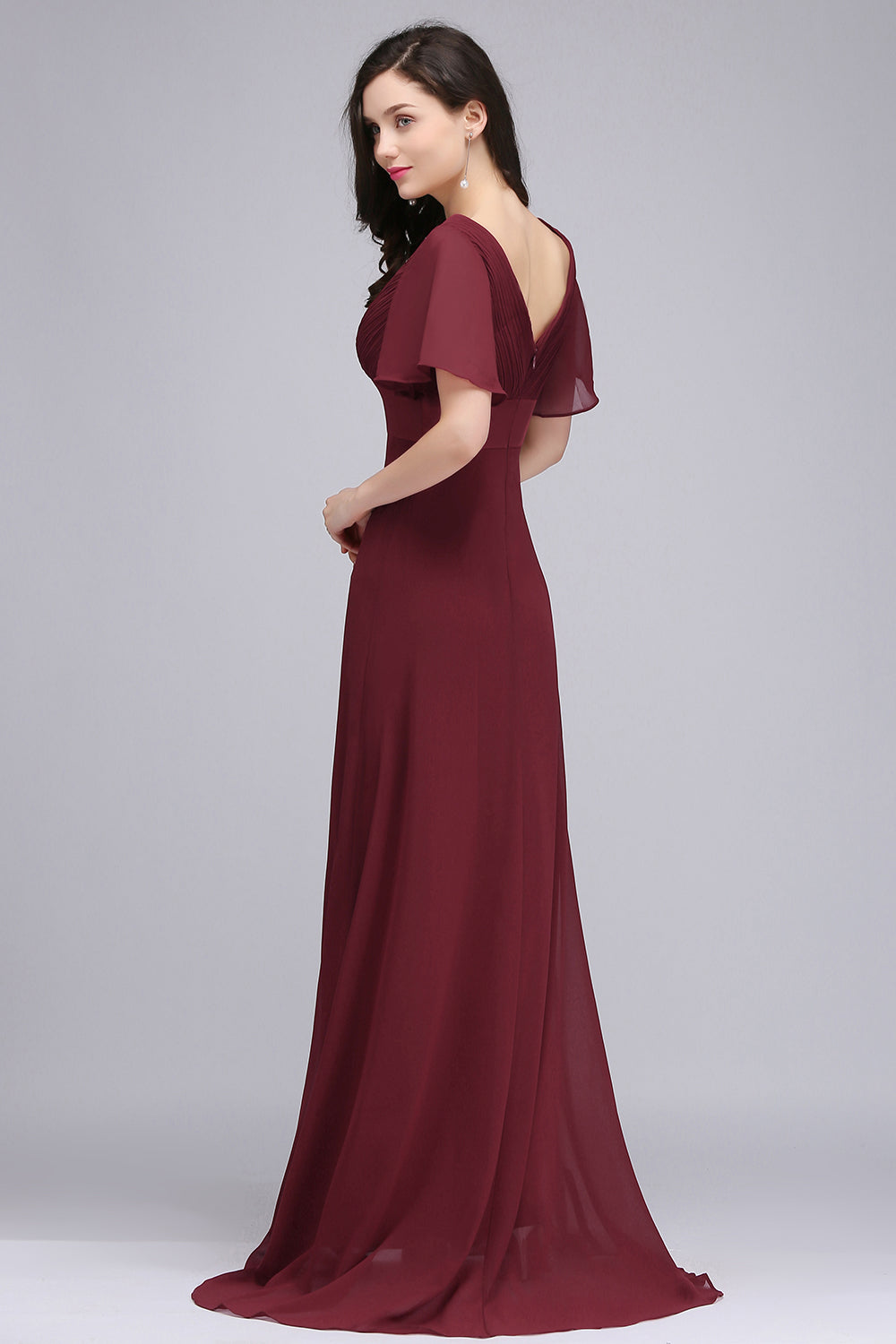 Affordable V-Neck Ruffle Long Burgundy Bridesmaid Dress With Short-Sleeves