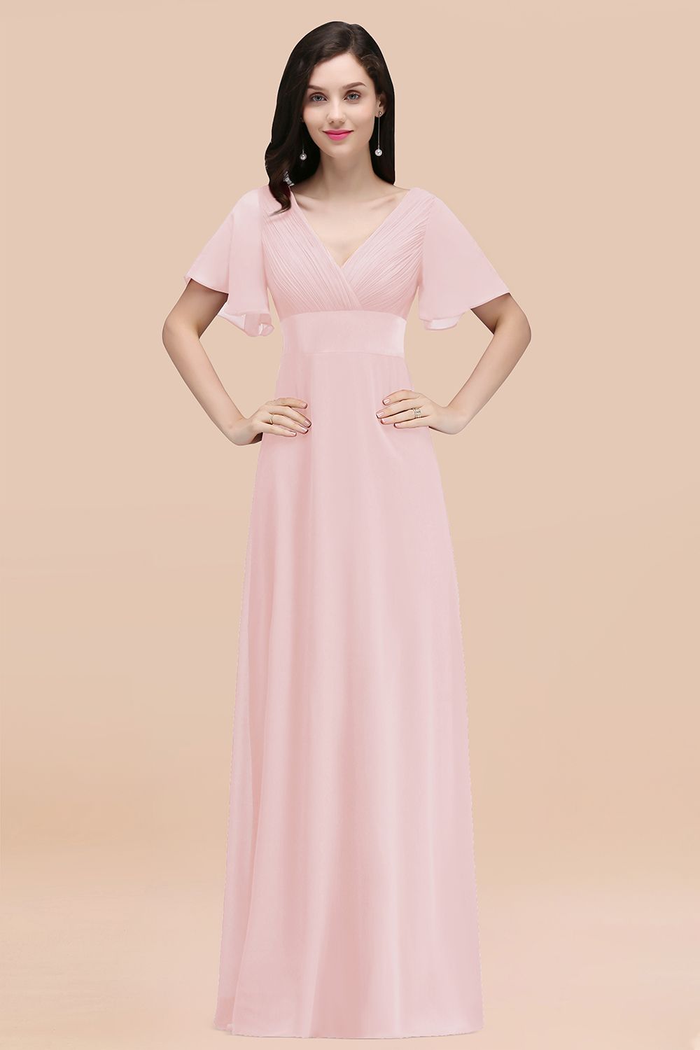 Affordable V-Neck Ruffle Long Burgundy Bridesmaid Dress With Short-Sleeves
