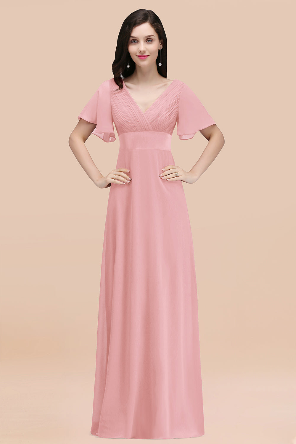 Affordable V-Neck Ruffle Long Burgundy Bridesmaid Dress With Short-Sleeves