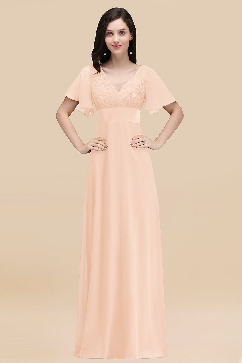 Affordable V-Neck Ruffle Long Burgundy Bridesmaid Dress With Short-Sleeves