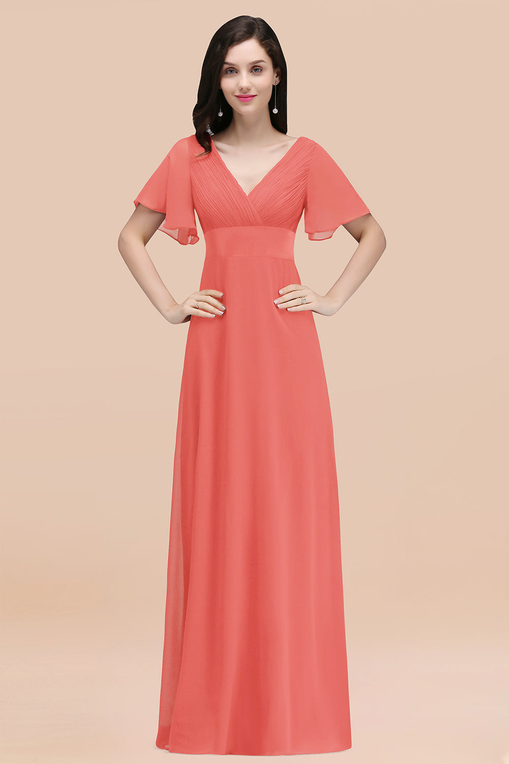 Affordable V-Neck Ruffle Long Burgundy Bridesmaid Dress With Short-Sleeves