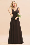 Affordable V-Neck Ruffle Long Grape Chiffon Bridesmaid Dress with Bow
