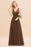 Affordable V-Neck Ruffle Long Grape Chiffon Bridesmaid Dress with Bow
