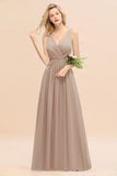 Affordable V-Neck Ruffle Long Grape Chiffon Bridesmaid Dress with Bow