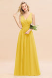 Affordable V-Neck Ruffle Long Grape Chiffon Bridesmaid Dress with Bow