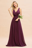Affordable V-Neck Ruffle Long Grape Chiffon Bridesmaid Dress with Bow