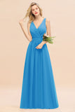 Affordable V-Neck Ruffle Long Grape Chiffon Bridesmaid Dress with Bow