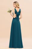 Affordable V-Neck Ruffle Long Grape Chiffon Bridesmaid Dress with Bow