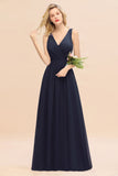 Affordable V-Neck Ruffle Long Grape Chiffon Bridesmaid Dress with Bow