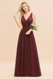 Affordable V-Neck Ruffle Long Grape Chiffon Bridesmaid Dress with Bow