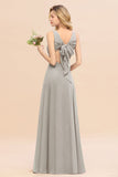 Affordable V-Neck Ruffle Long Grape Chiffon Bridesmaid Dress with Bow